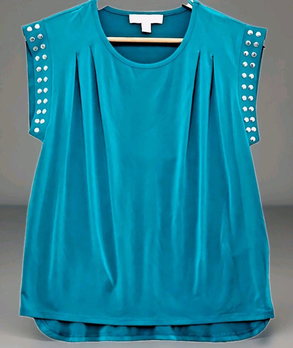 Michael Kors Women's Small Blouse Island Blue Top Silver Studded Cap Sleeve